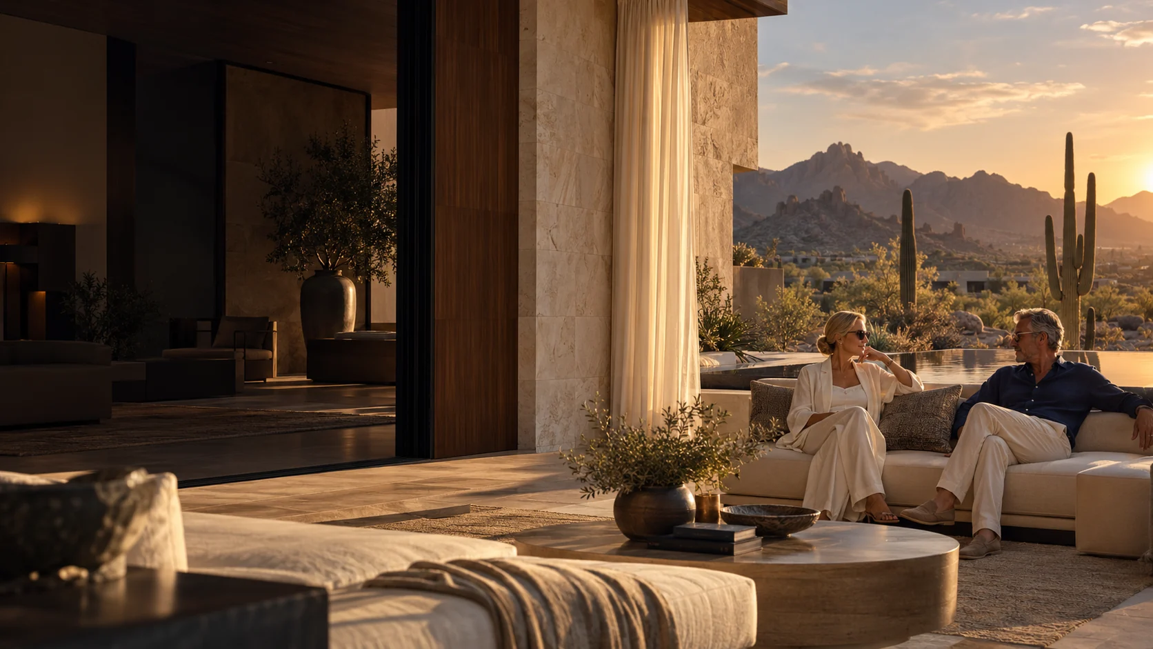 Conceptual lifestyle artwork of two adults relaxing at a desert residence at sunset; not an Envita facility